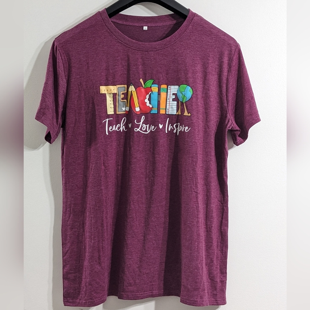 Teacher Teach Love Inspire Women's Graphic Short Sleeve T-shirt, Size 2XL, NEW